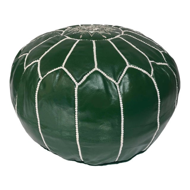 Moroccan Green Leather Pouf Cover For Sale