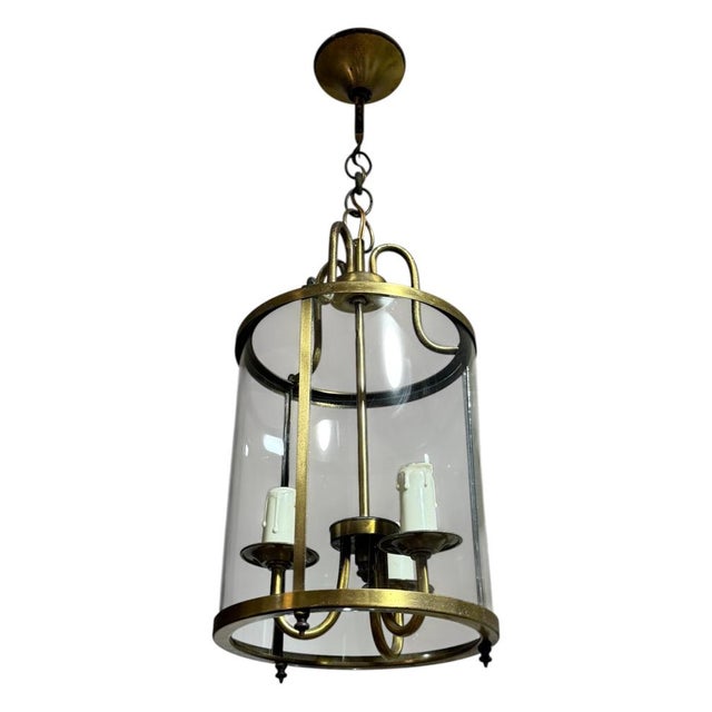 French brass lantern, France 1950s. Brass construction, curved glass panels, 3 light sockets e14. Cleaned and mildly...