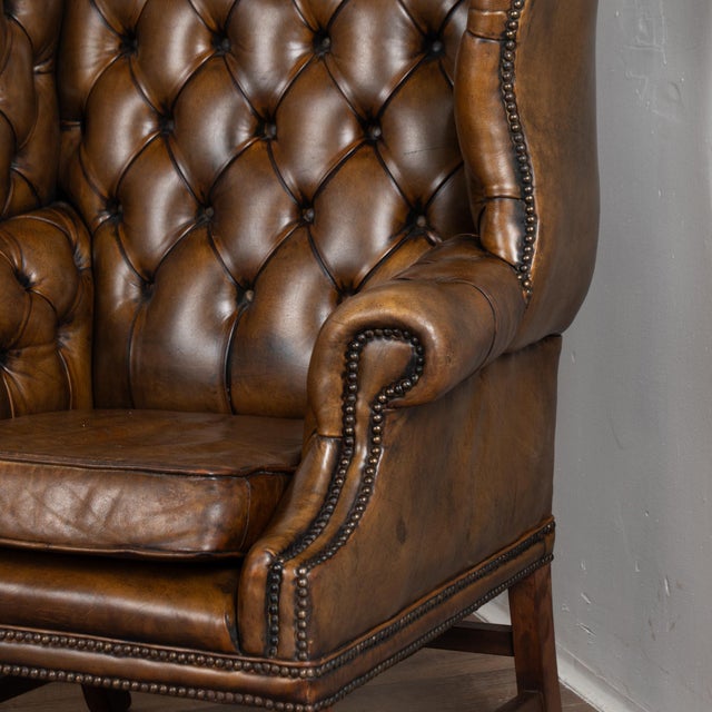 Vintage Brown Leather Chesterfield Wingback Loveseat and Club Chair For Sale - Image 11 of 13