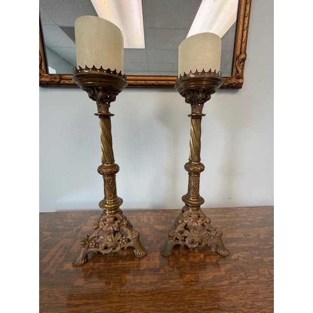 Vintage Ornate Brass Candle Holders | Pair of Antique Candle Stands- Rococo Style For Sale - Image 4 of 5
