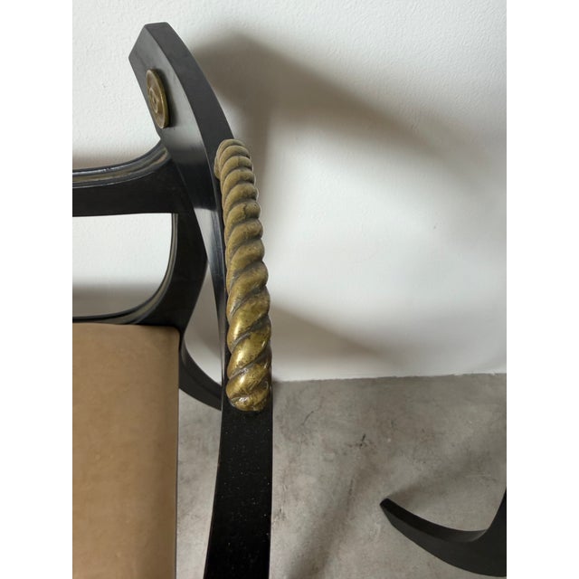 Pair of John Gee Style Hollywood Regency Ebonized Armchairs With Brass Accents For Sale - Image 11 of 12