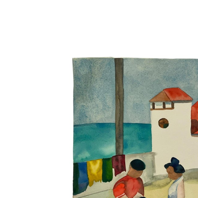 1970s Signed M. Hinea Coastal Village Market Original Watercolor Painting. For Sale - Image 4 of 10