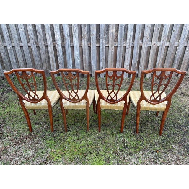 1960s Mahogany Carved Shield-Back Gold Fabric Hepplewhite Chairs - Set of 4 For Sale - Image 9 of 12