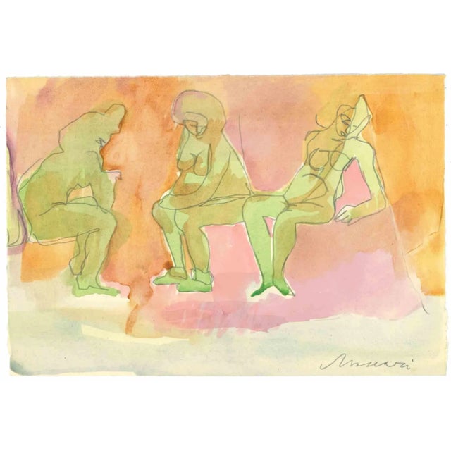 Women is a Pencil and Watercolor Drawing realized by Mino Maccari (1924-1989) in the Mid-20th Century. Hand-signed on the...
