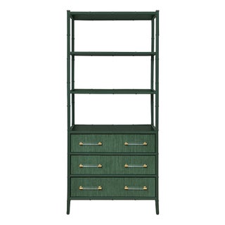 Matthew Izzo Home Flynn Etageré With Three Green Dyed Grasscloth Drawers and Green Matte Bamboo Detail Lacquer Frame With Acrylic and Brass Hardware For Sale