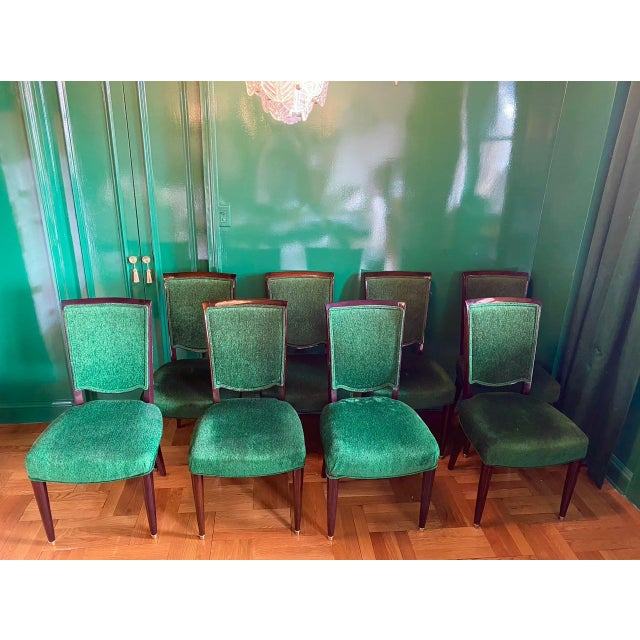 Art Deco Set of Eight Jules Leleu Dining Chairs, Newly Restored in Emerald Bouclé For Sale - Image 3 of 12