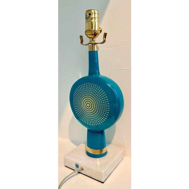 Vintage Rare Retired Jonathan Adler Santorini Electra Aqua With Gold Sunburst Table Lamp, From His Mediterranean-Inspired Collection For Sale - Image 9 of 12