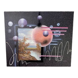 1980s Memphis Style Postmodern Sci-Fi Signed Acrylic Painting on Canvas in the Style of J Kugler