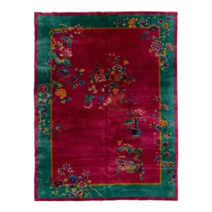 Room Size Vintage Art Deco Wool Rug Handmade With Chinese Floral Motif