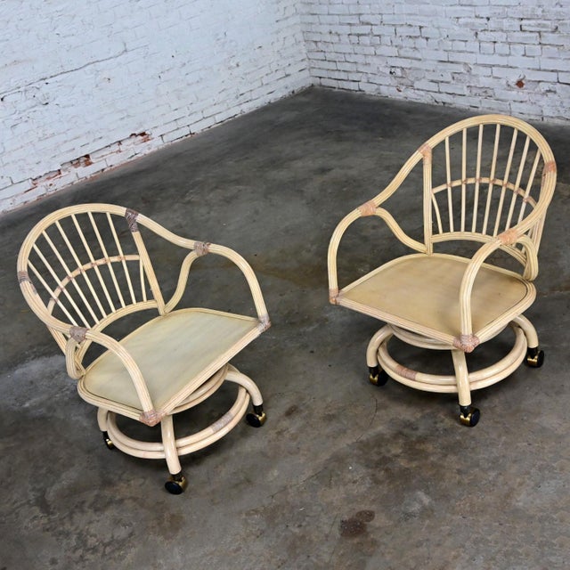 Modern Late 20th Century Coastal Tropical Island Style Cerused Reeded Rattan Rolling & Swivel Chairs a Pair For Sale - Image 3 of 12