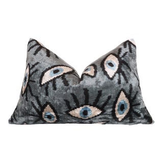 Gray Blue Eye Silk Velvet Lumbar Pillow – 16x24 Handmade Ikat Luxury Cushion For Sale