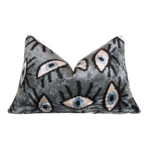 Gray Blue Eye Silk Velvet Lumbar Pillow – 16x24 Handmade Ikat Luxury Cushion