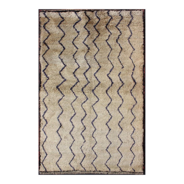Mid 20th Century Mid 20th Century Vintage Tulu Rug With Modern Design in Off Taupe Color and Dark Blue Lines For Sale