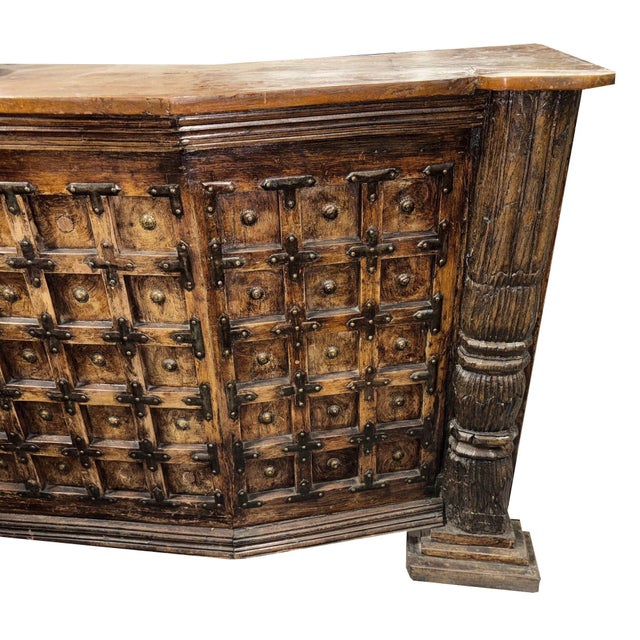 1940s Mexican Colonial Style Rustic Bar With Iron Strapwork & Carved Columns For Sale - Image 4 of 11