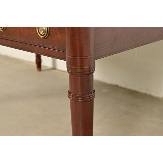 Baker Furniture Stately Homes Collection English Regency Carved Mahogany Leather Top Partner's Desk For Sale - Image 13 of 18