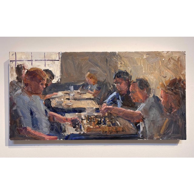 The Denver Gambit captures a lively chess match in a bustling café, where players are engrossed in strategy and...