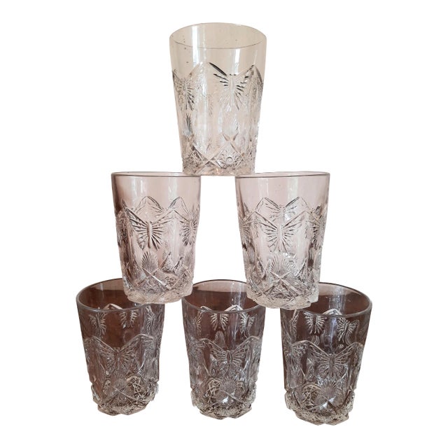 Vintage Cut Glass Butterfly Drinking Barware Set Glasses For Sale