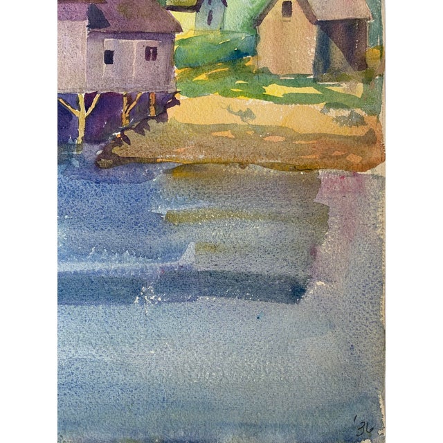American 1930s Landscape Watercolor Paintings, Two-Sided Pier Docks and Mountains For Sale - Image 3 of 6