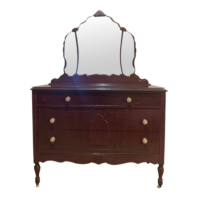 Vintage Solid Cherry Wood Vanity With Mirror, Traditional American Craftsmanship For Sale