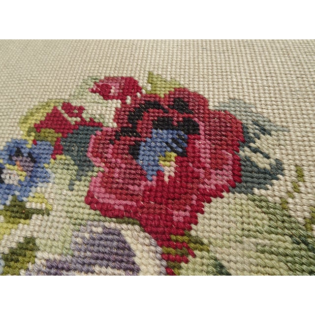 Vintage French Tan Floral Tapestry Bench Stool Decorative Nails & Bobbin Legs For Sale In Los Angeles - Image 6 of 12
