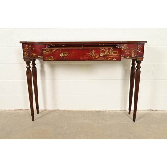 Late 20th Century Maitland Smith English Regency Chinoiserie Hand-Painted Red Lacquered Console Table For Sale - Image 5 of 14