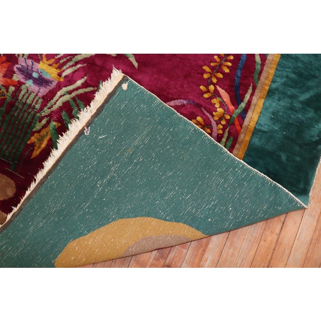 Textile Zabihi Collection Burgundy Emerald Green Antique Chinese Art Deco Carpet - 9'10" x 13'5" For Sale - Image 7 of 10