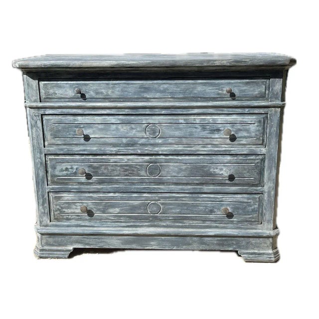 Shabby Chic Antique French Louis Philippe Walnut Dresser | Blue-Black Painted Commode | Circa 1920 For Sale - Image 3 of 12