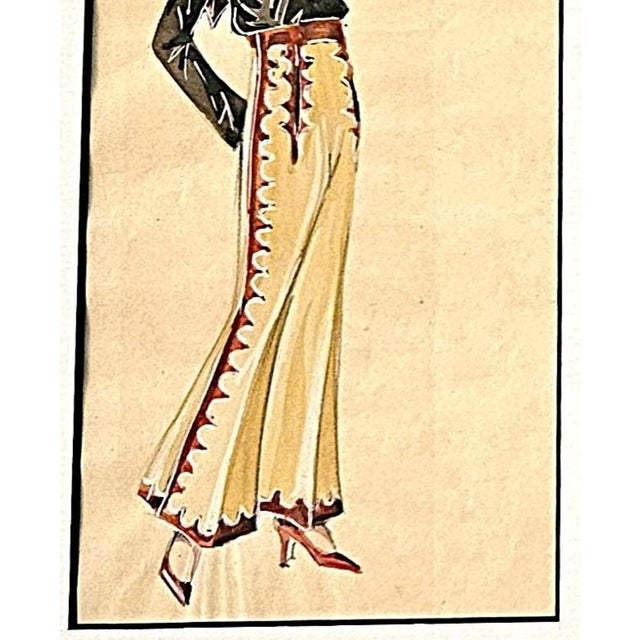 1930s 1933 Pair-Original French Watercolor Fashion Drawings-American West Cowgirl, Matted For Sale - Image 5 of 7