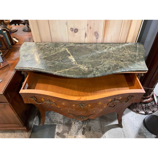 Inlaid Wood Bombe Chest With Tan Marble Top For Sale In New York - Image 6 of 9