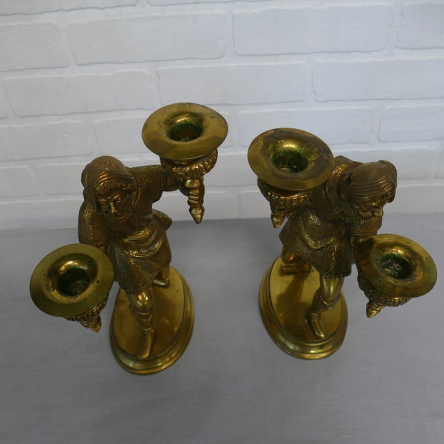 Metal Pair Antique English Figural / Hunting Candlesticks For Sale - Image 7 of 13