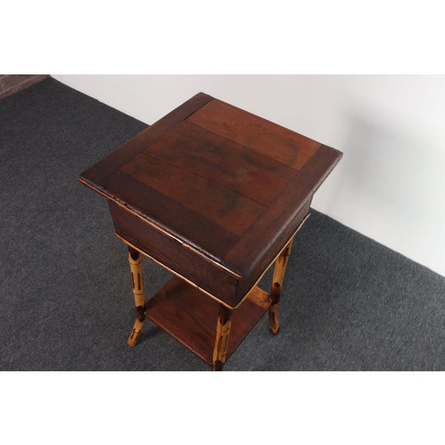 Antique Aesthestic Movement Stained Oak Sewing / Decorative Box on Bamboo Stand For Sale - Image 9 of 12