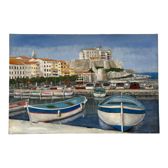 Vintage Italian Fishing - Harbor Village Scene Oil Painting/ Sold For Sale