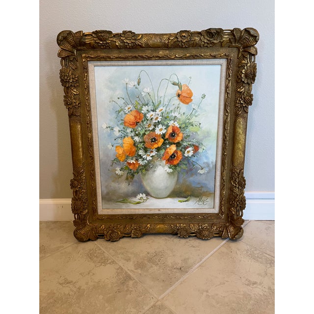 Large Vintage Floral Oil Painting on Canvas Signed by Artist Alex With Ornate Gilded Frame For Sale - Image 9 of 11