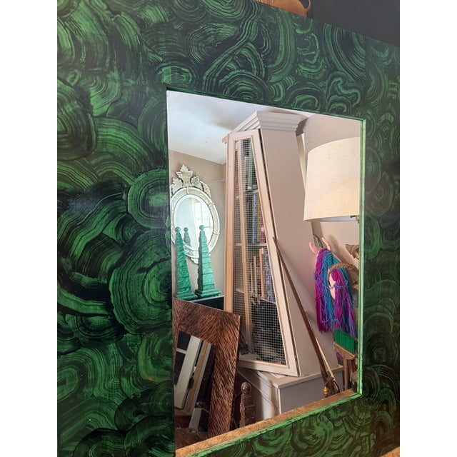 A hand made and hand painted modern looking faux malachite green mirror. Perfect as a hall mirror or sitting room wall