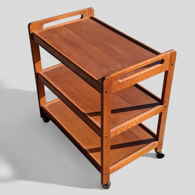 Wood 1960s Danish Modern Three Tier Teak Wood Serving Bar Cart With Castor Wheels For Sale - Image 7 of 12