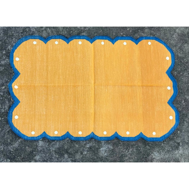 Textile Not Yet Made - Made To Order Handmade Cotton Scalloped Rug Reversible Electric Yellow and Royal Blue Dhurrie-3'x5' For Sale - Image 7 of 11