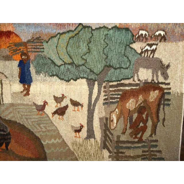 Textile Vintage African Tapestry, Handwoven Wool, Village Life Scenes, Ivory & Blue, 4x5 For Sale - Image 7 of 10