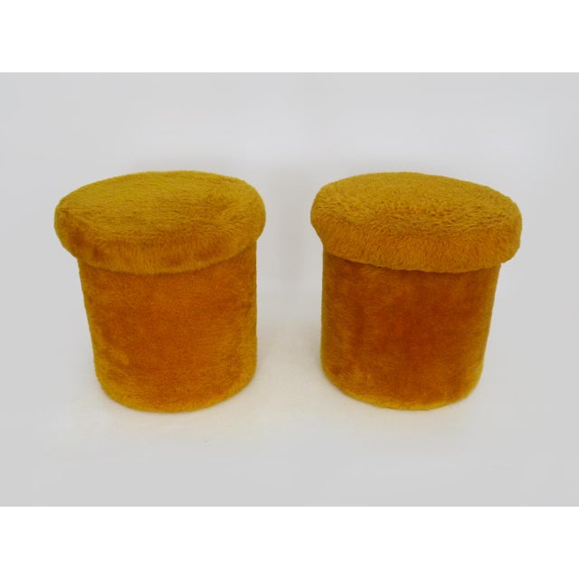 Orange-Yellow Faux Fur Ottomans with Interior Storage Compartment, 1970s, Set of 2 For Sale - Image 3 of 10
