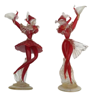 Venetian Ruby Red Glass Dancing Figures - a Pair