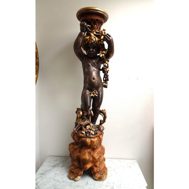 Italian Gilded and Carved Wooden Cherub Pedestal Plant Stand, 1970s For Sale - Image 6 of 18