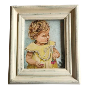 Mid 20th Century Expressionist Portrait Painting of a Baby Girl in a Yellow Dress, Framed