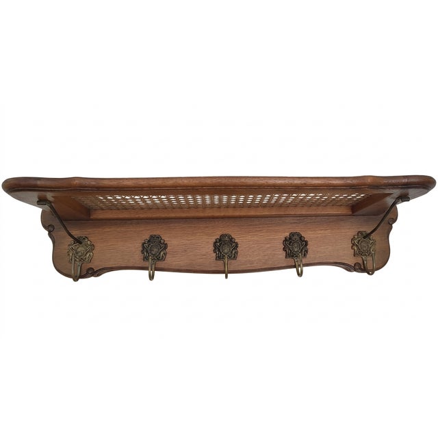 Vintage Viennese Oak Cane Wall-Mounted Coat Rack with Brass Hooks in Putto Motifs, 1960s For Sale - Image 17 of 17