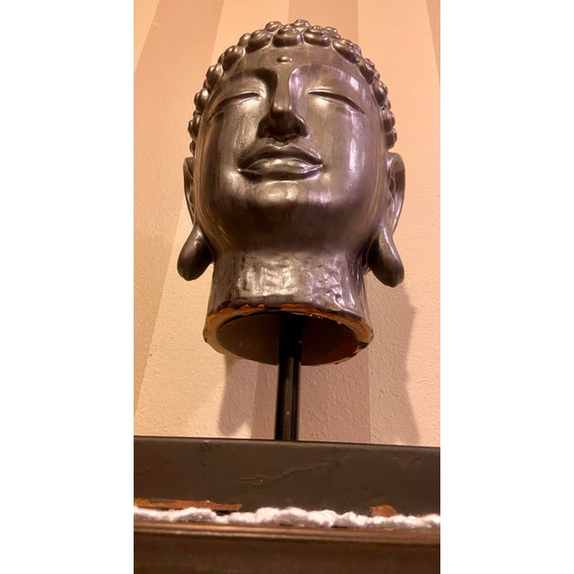 Extra Large Ceramic Buddha Head Sculpture Mounted on a Metal Stand For Sale - Image 4 of 12