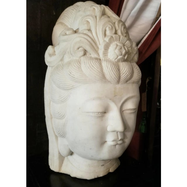 Antique Chinese Female Marble Bust with Black Wooden Pedestal For Sale - Image 12 of 12