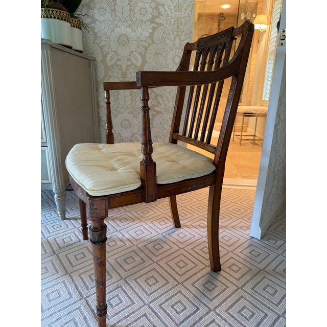 Early 20th Century Edwardian Satinwood Floral Painted Armchair With Cane Seat For Sale In New York - Image 6 of 18