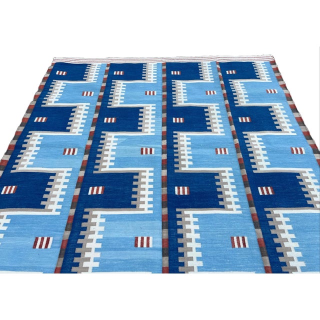 Royal Blue Handwoven Cotton Area Rug, Natural Vegetable Dyed, Blue, Beige, Cream & Red Geometric Dhurrie - 10'x14' For Sale - Image 8 of 10
