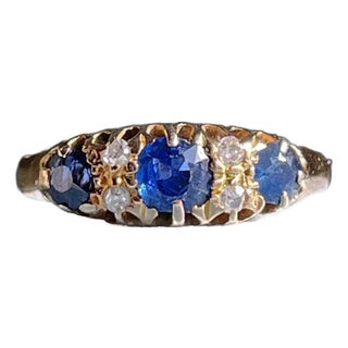 1900 - 1909 Victorian Sapphire Diamond Ring 18k Gold, Size 9.25 For Sale