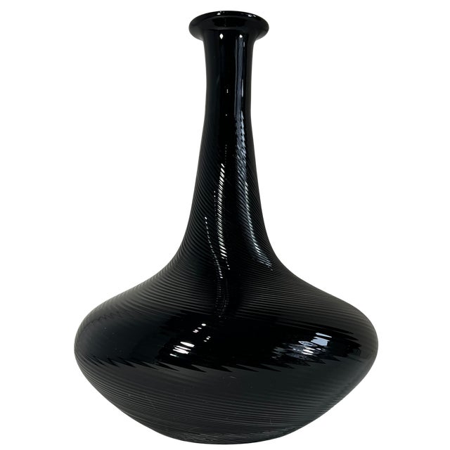 Murano 11 In. Tall Murano Art Glass Black Spiral Textural Swirl Vase For Sale - Image 4 of 13