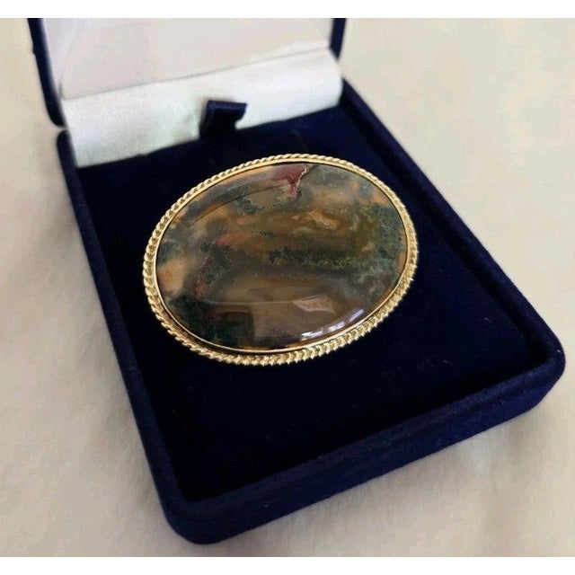 Vintage 9ct Yellow Gold Moss Agate Brooch, Sheffield, 1989 For Sale - Image 6 of 18