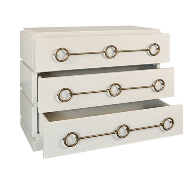 Contemporary Matthew Izzo Home Roderick Antique White Matte Lacquer Three Drawer Chest With Brass Accents For Sale - Image 3 of 7